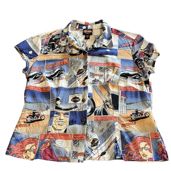 Harley Davidson MotorCycles Comic Print Blouse Size Medium Whimsical - Picture 5 of 9
